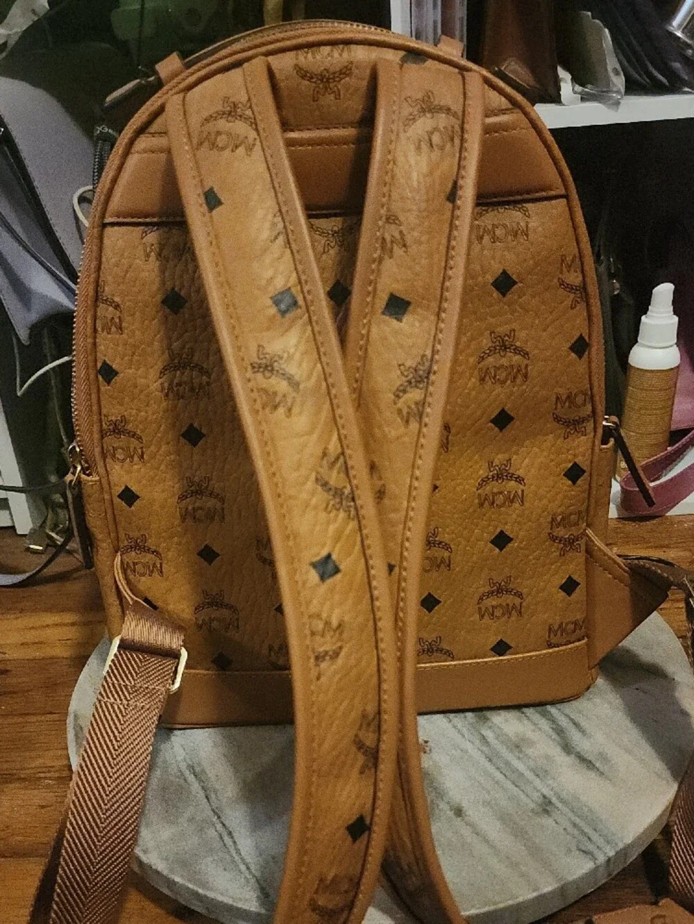 MCM Cognac Logo Visetos Backpack with Gold Hardware